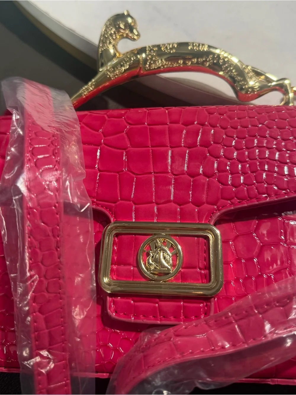 Faux Croc Embossed Crossbody Bag - Hot Pink